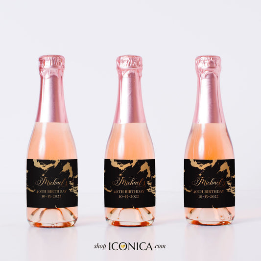 10 Mini Champagne Labels Personalized 40th Birthday Black and Gold Marbled Labels Champagne labels Birthday Champagne marbled Collection