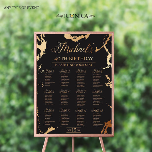 40th Birthday Black and Gold Marbled Seating Chart Board Guest List Chart Seating Chart, Template Or Printed {marbled Collection}