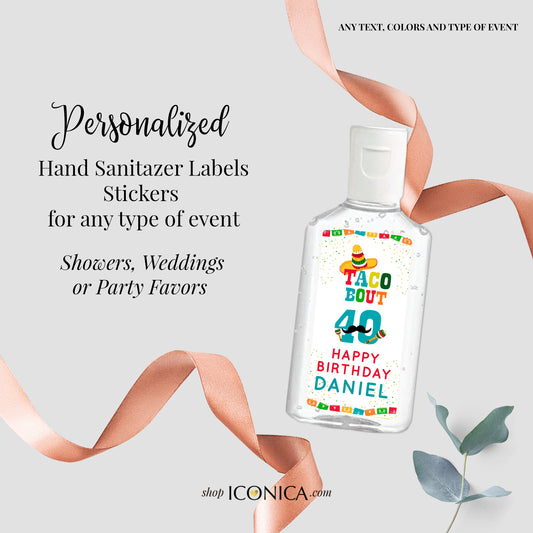 40 Personalized Labels Printed 1"w x 2"h Hand Sanitizer Labels Fits Purell 1oz Fiesta Theme Antibacterial Stickers Taco About any "Age"