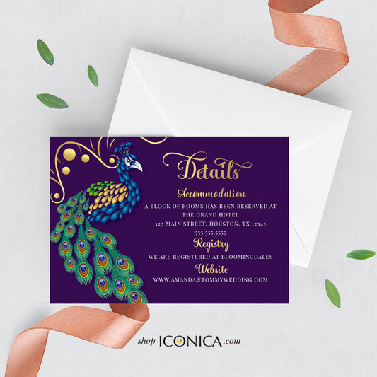 Peacock Theme Insert Card 3.5x5" Printed cards Peacock Details Cards, RSVP card Recipe Cards - Peacock Collection {Annette Collection}