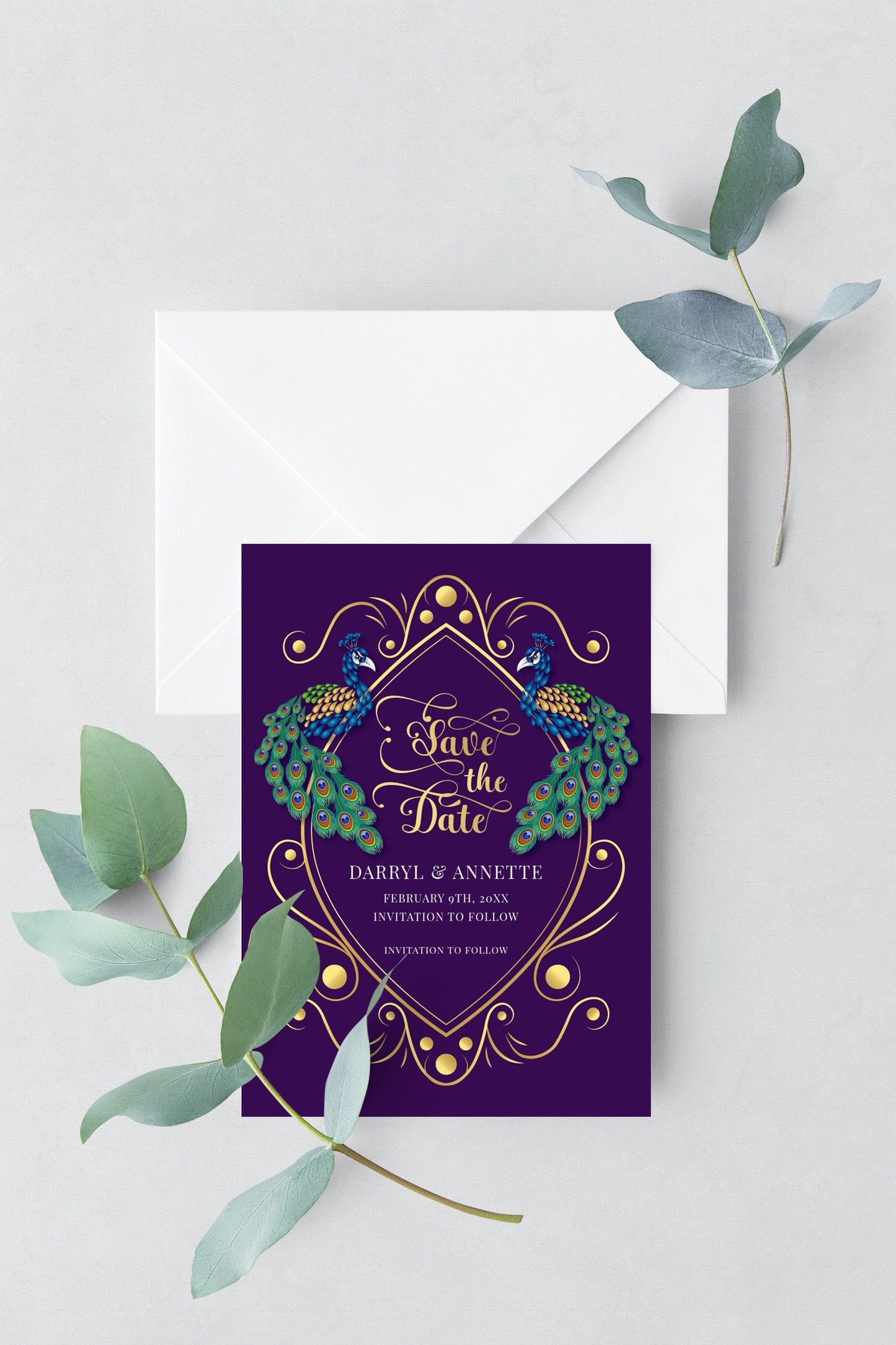 Save the Date Peacock Wedding Invitation Peacock Card Deep Purple Green Blue Design Printed Cards or Electronic Invite {Annette Collection}