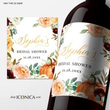 Load image into Gallery viewer, Fall in Love Bridal Shower Wine Label Personalized Beverage Labels Beer Champagne labels Champagne Label Fall leaves Labels Amber Collection
