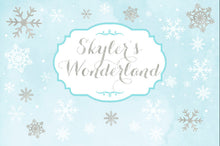 Load image into Gallery viewer, Winter Wonderland Custom Party Backdrop - Blue Silver Glitter Watercolor Background - Snowflakes Printed Free Shipping
