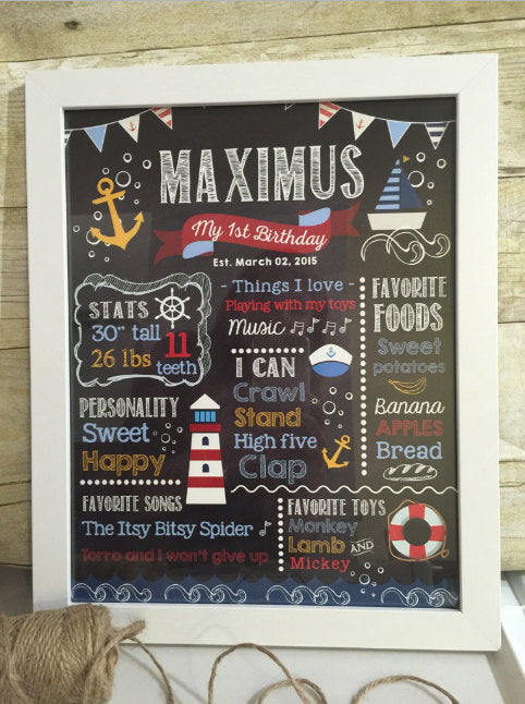 Nautical Chalkboard Sign, First Birthday Poster, Any Age, Sailor Party, Ocean Party Under The Sea Blue And Mint Printed Or Printable Cbd0009