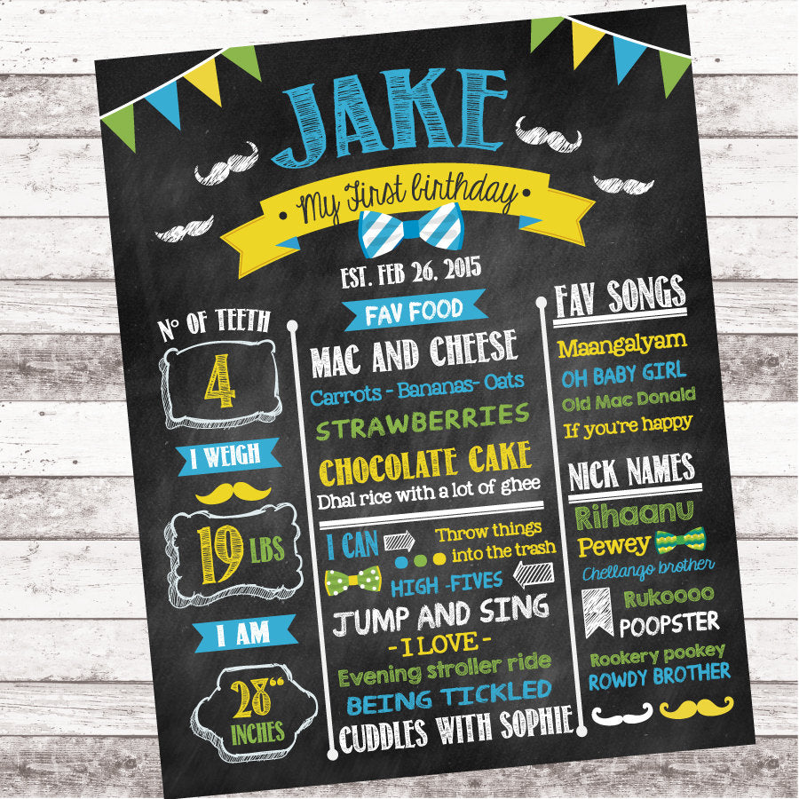 BOWTIE - Mustache - Little Man - First Birthday Chalkboard Sign Birthday Poster Any Color Any Age Printed Printable File CBD0020