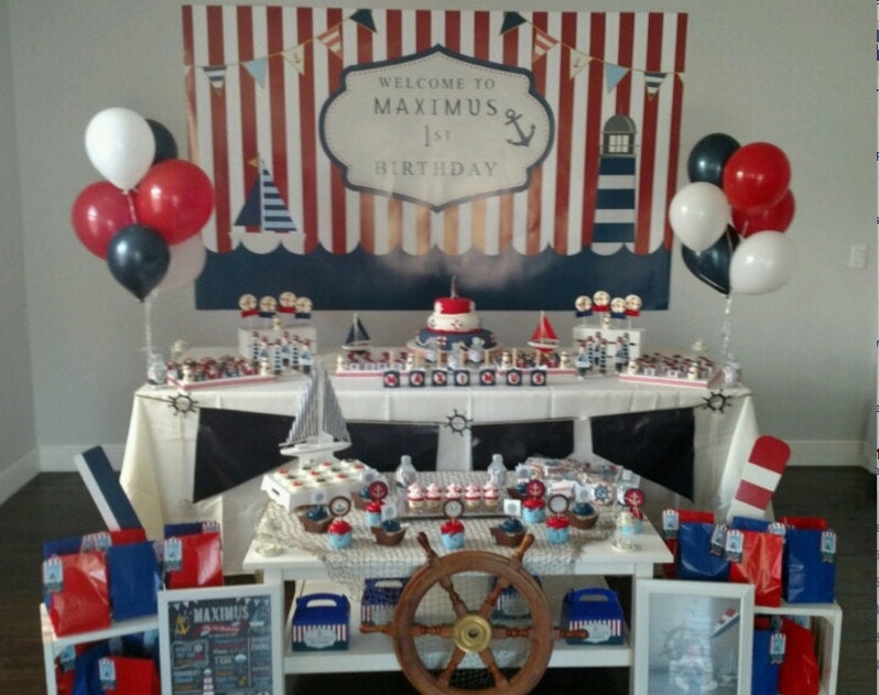 Nautical Backdrop,Nautical First birthday banner, Any Age Little Sailor Banner Blue And Red Stripes Printed BBD0135