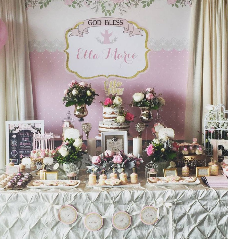 Floral Baptism Banner, Floral First Communion Backdrop, Little Angel, Religious Girl Banner, Silver Glitter, Printed , Bfc0003