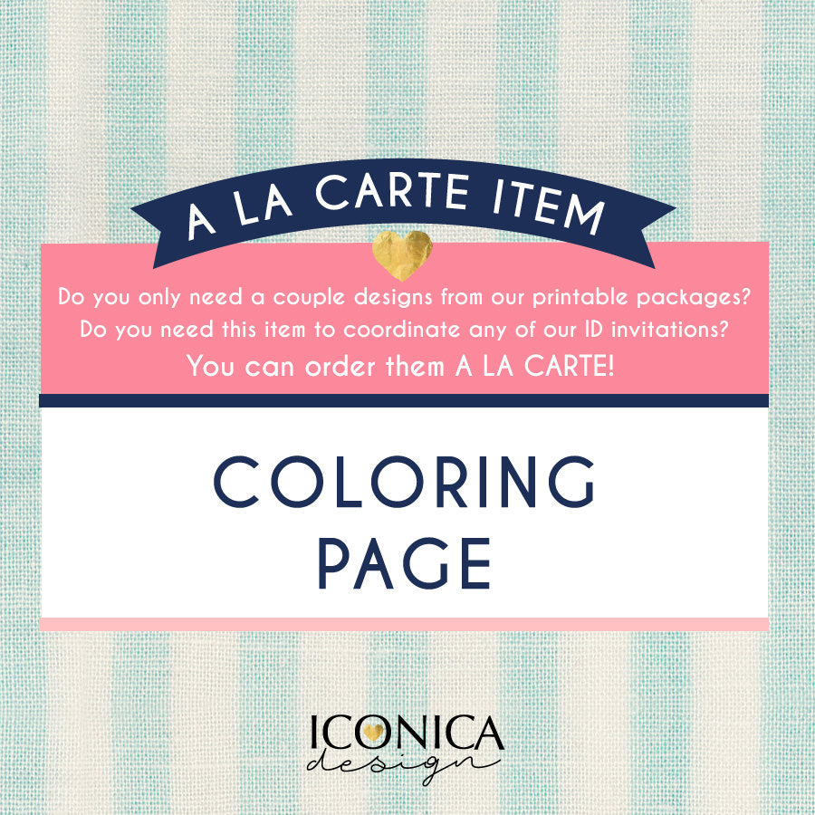 Coloring Page, Placemats, A la carte, Made to match any ID invitation, 8x10" Printable File (DIY)