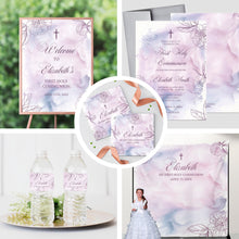 Load image into Gallery viewer, First Communion Invitation Girl, Floral Lavender Watercolor Elegant Invitations, lavender Watercolor invites, Any Religious Event
