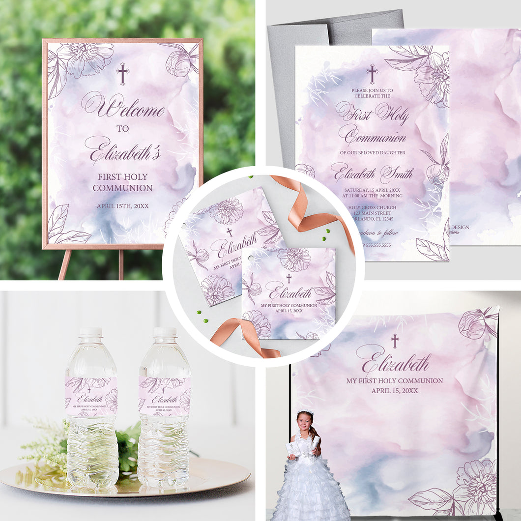 First Communion Invitation Girl, Floral Lavender Watercolor Elegant Invitations, lavender Watercolor invites, Any Religious Event