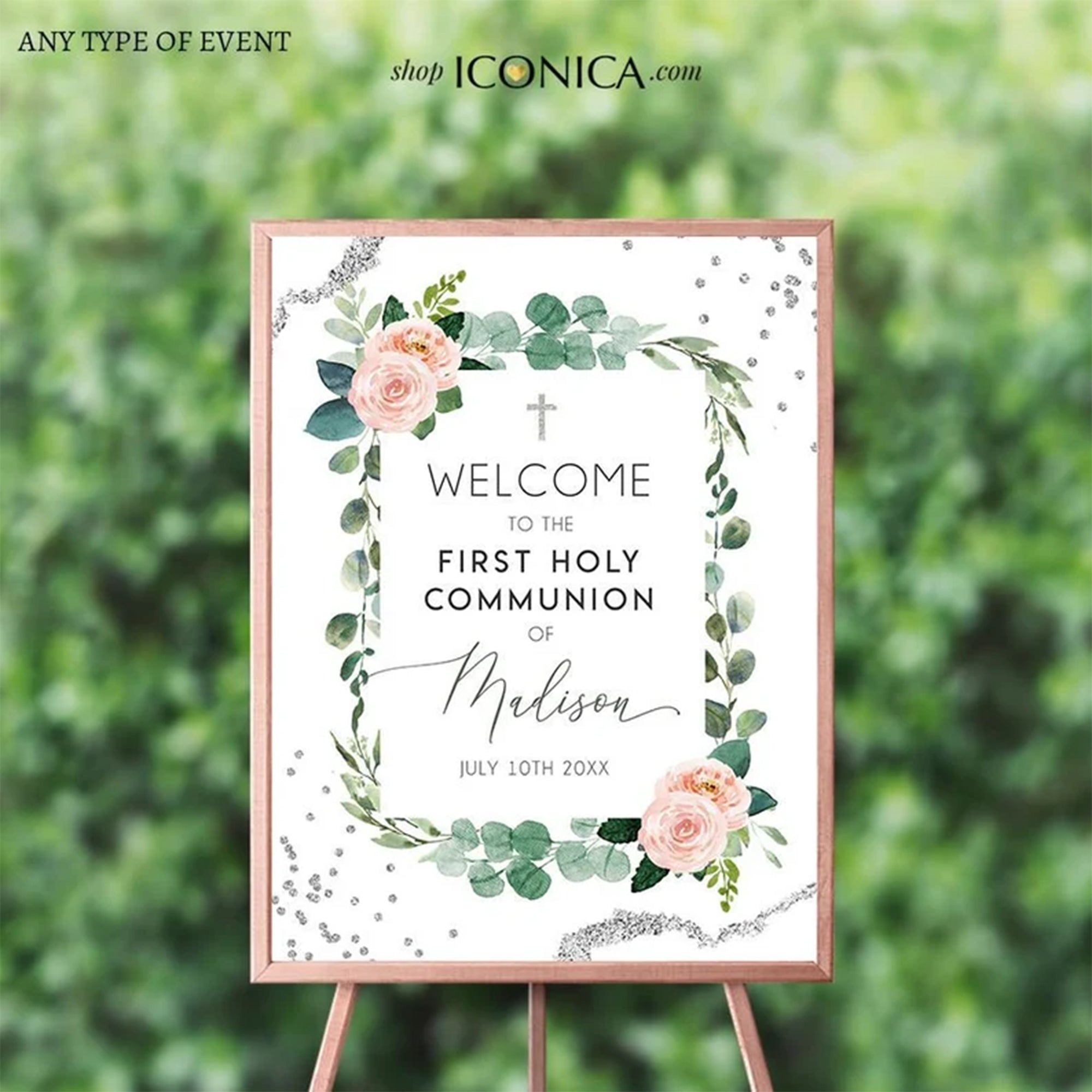 First Communion Welcome Sign Personalized  Greenery Floral Blush Madi –  Iconica Design