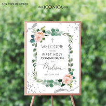 Load image into Gallery viewer, First Communion Welcome Sign Personalized | Greenery Floral Blush Madison Collection First Communion Board, Floral Blush Welcome Sign

