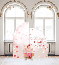 Load image into Gallery viewer, Valentines First Birthday Decor custom,isn&#39;t she lovely isn&#39;t she ONEderful Arch Sign Large Arched Panel with easel Entrance Sign Foam Board
