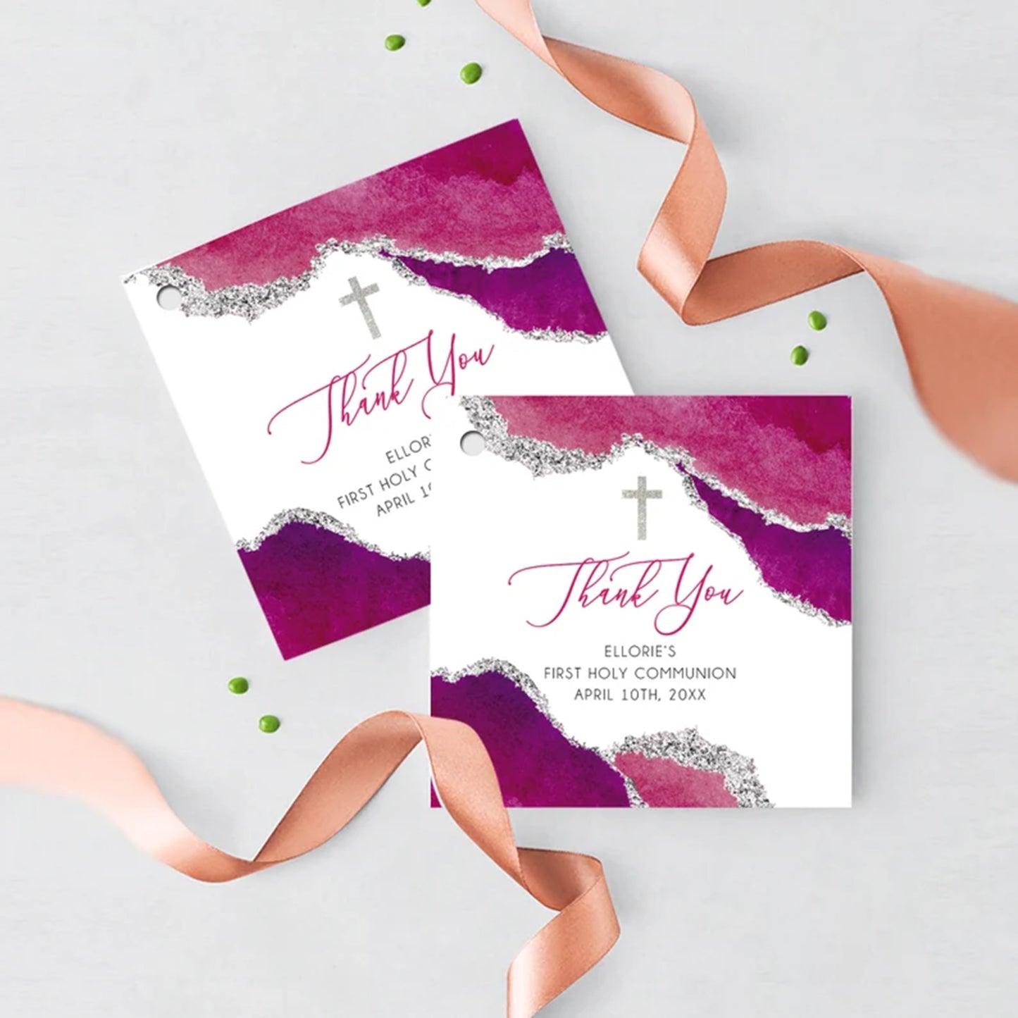 First Communion Invitation Girl Elegant Geode Event Paper Set,Geode Hot Pink Communion Collection,Any Religious Event,more colors available