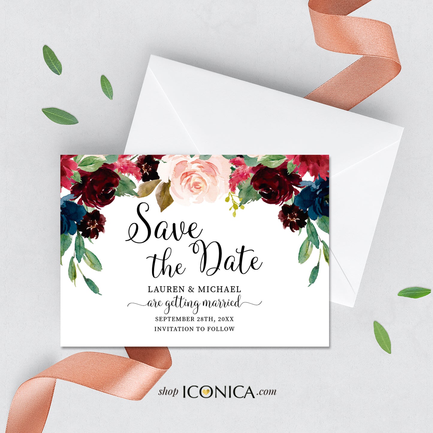 Wedding Invitations, Burgundy Pink and Navy Floral Invitation, Watercolor Events Printed  {AVA Collection}
