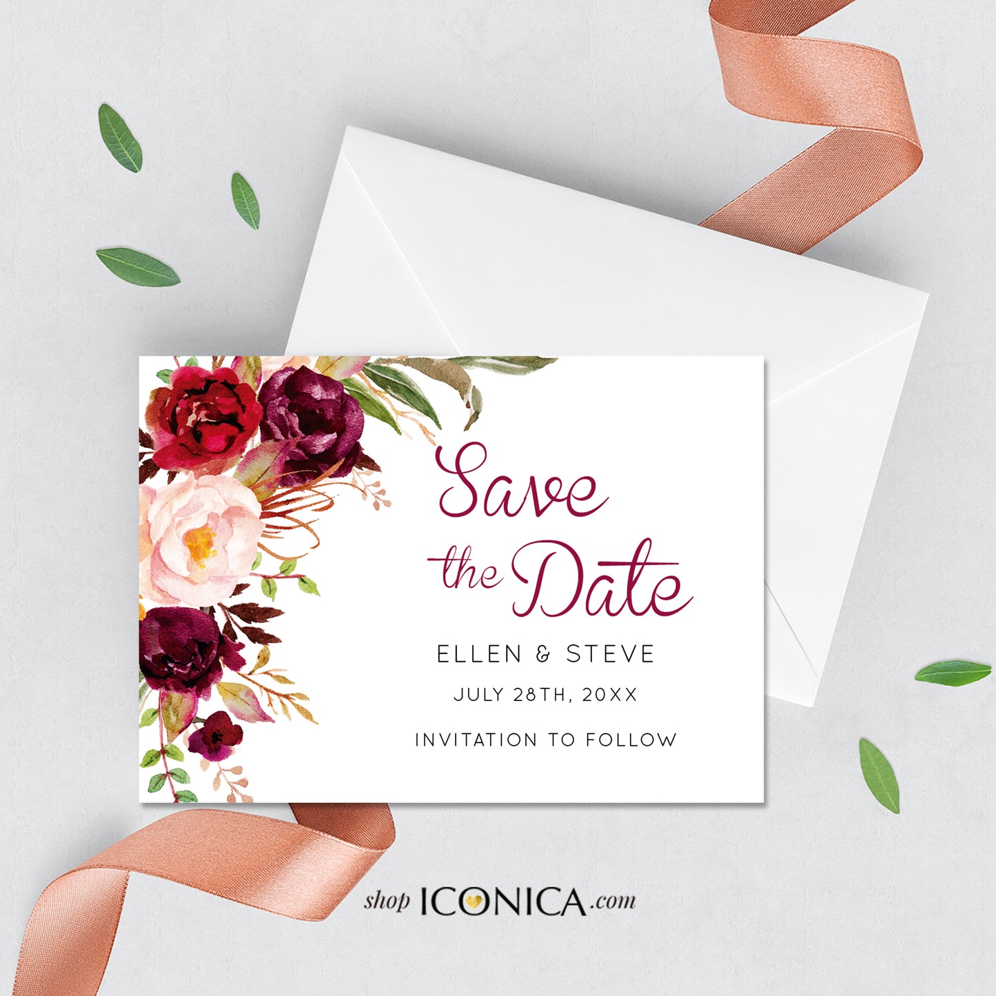 Wedding Invitations, Burgundy Pink and Navy Floral Invitation, Brigitte Collection - Marsala Red Burgundy