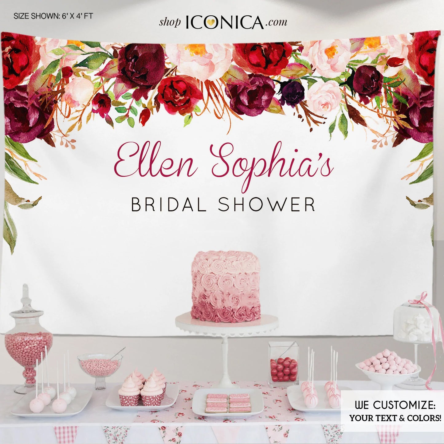 Bridal Shower Backdrop - Wedding Backdrop - Red Flowers Backdrop - Watercolor Backdrop - Party Decorations BBR0032