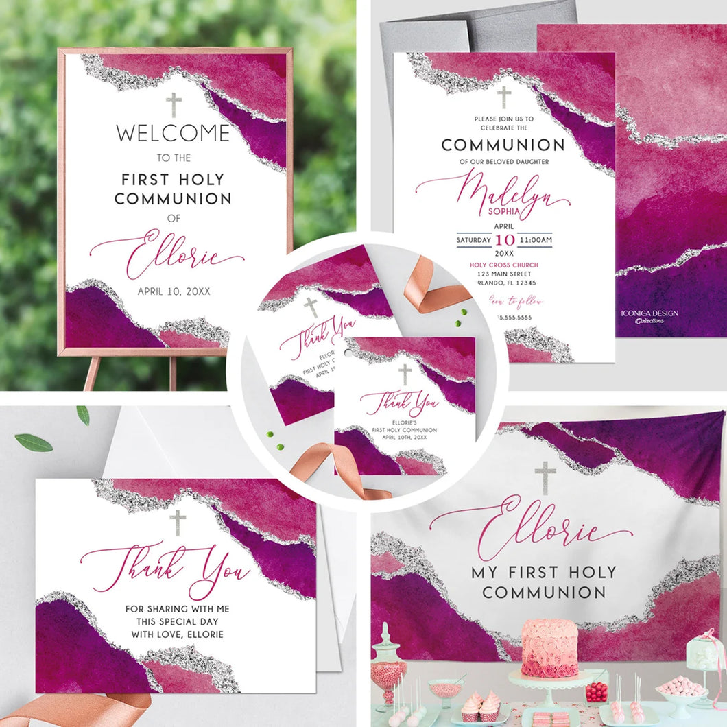 First Communion Invitation Girl Elegant Geode Event Paper Set,Geode Hot Pink Communion Collection,Any Religious Event,more colors available