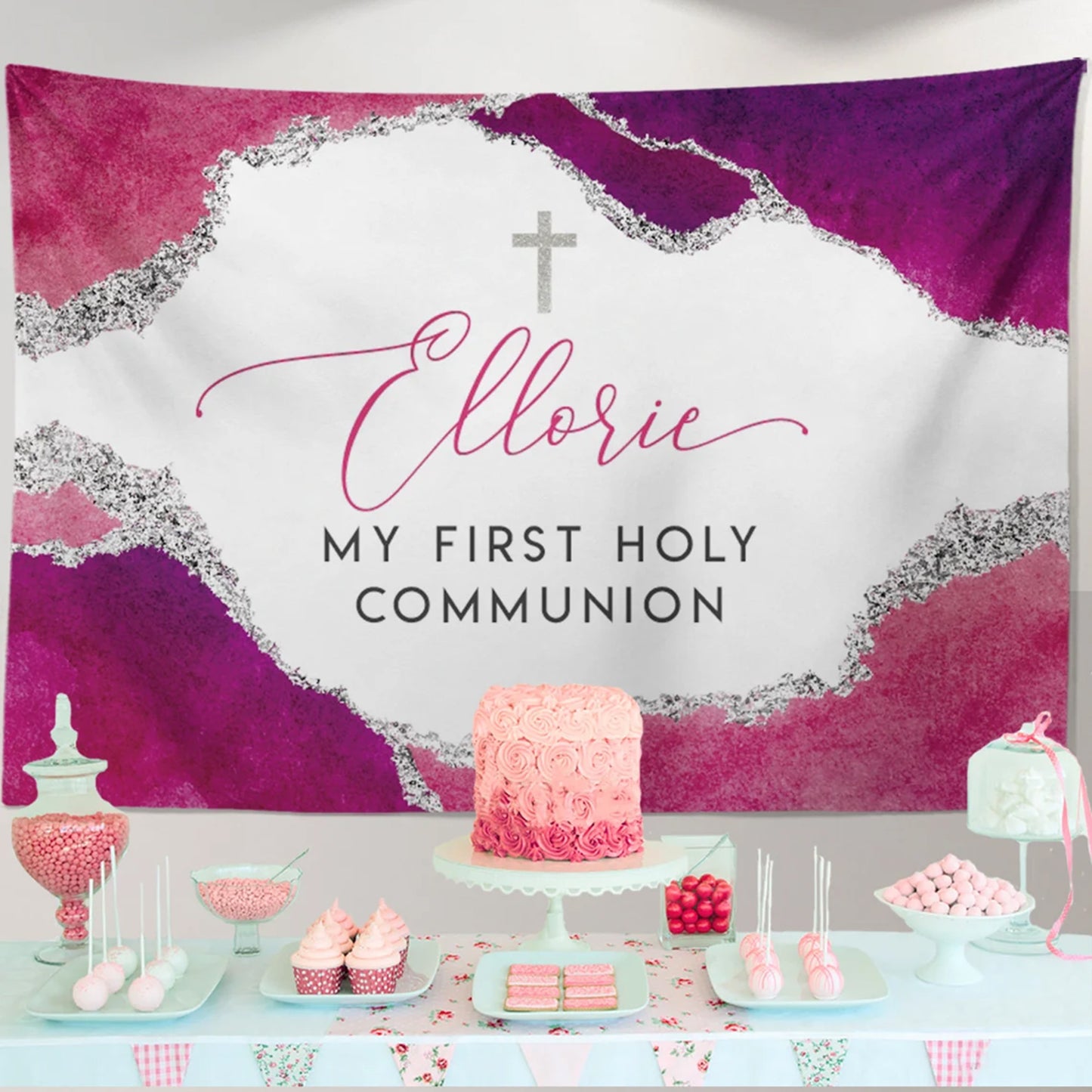 First Communion Invitation Girl Elegant Geode Event Paper Set,Geode Hot Pink Communion Collection,Any Religious Event,more colors available