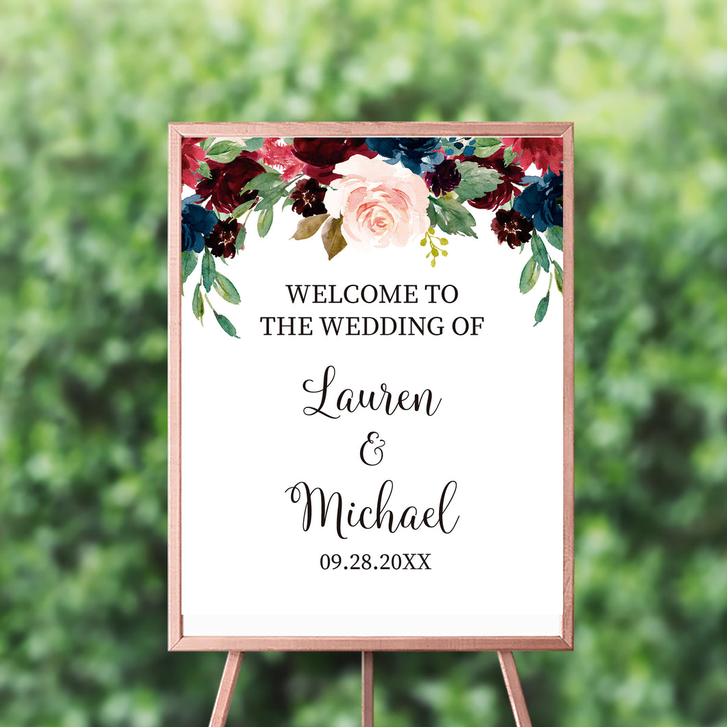 Wedding Welcome Sign Personalized Floral Red and Blue Fall Wedding Navy Burgundy Sign Engagement Party Sign {AVA Collection}