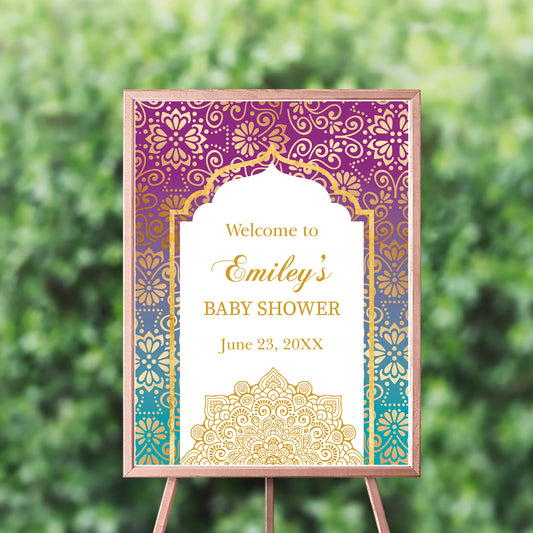 Moroccan Welcome Sign, Arabian Night Decor, any type of event,Personalized Decor, Printed , Purple and Teal Gold SWBS011