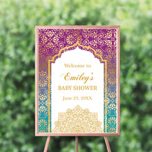 Load image into Gallery viewer, Moroccan Welcome Sign, Arabian Night Decor, any type of event,Personalized Decor, Printed , Purple and Teal Gold SWBS011
