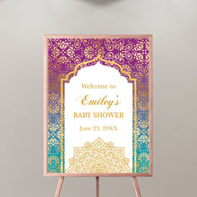 Load image into Gallery viewer, Moroccan Welcome Sign Engagement Party, Arabian Night Decor, any type of event Personalized, Purple Teal Gold Arabian Sign SWBS011
