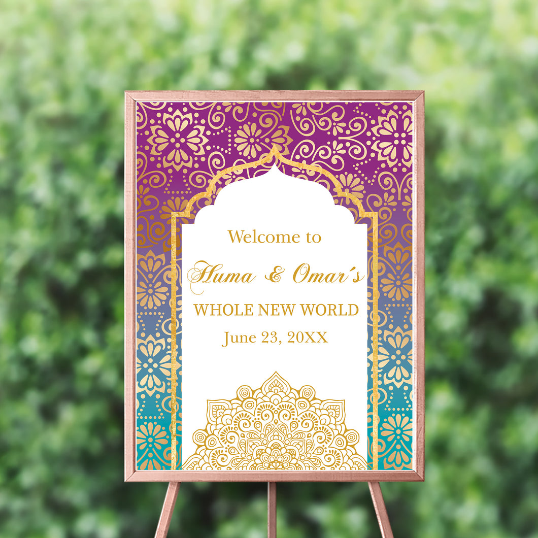 Moroccan Welcome Sign Engagement Party, Arabian Night Decor, any type of event Personalized, Purple Teal Gold Arabian Sign SWBS011
