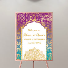 Load image into Gallery viewer, Moroccan Welcome Sign Engagement Party, Arabian Night Decor, any type of event Personalized, Purple Teal Gold Arabian Sign SWBS011
